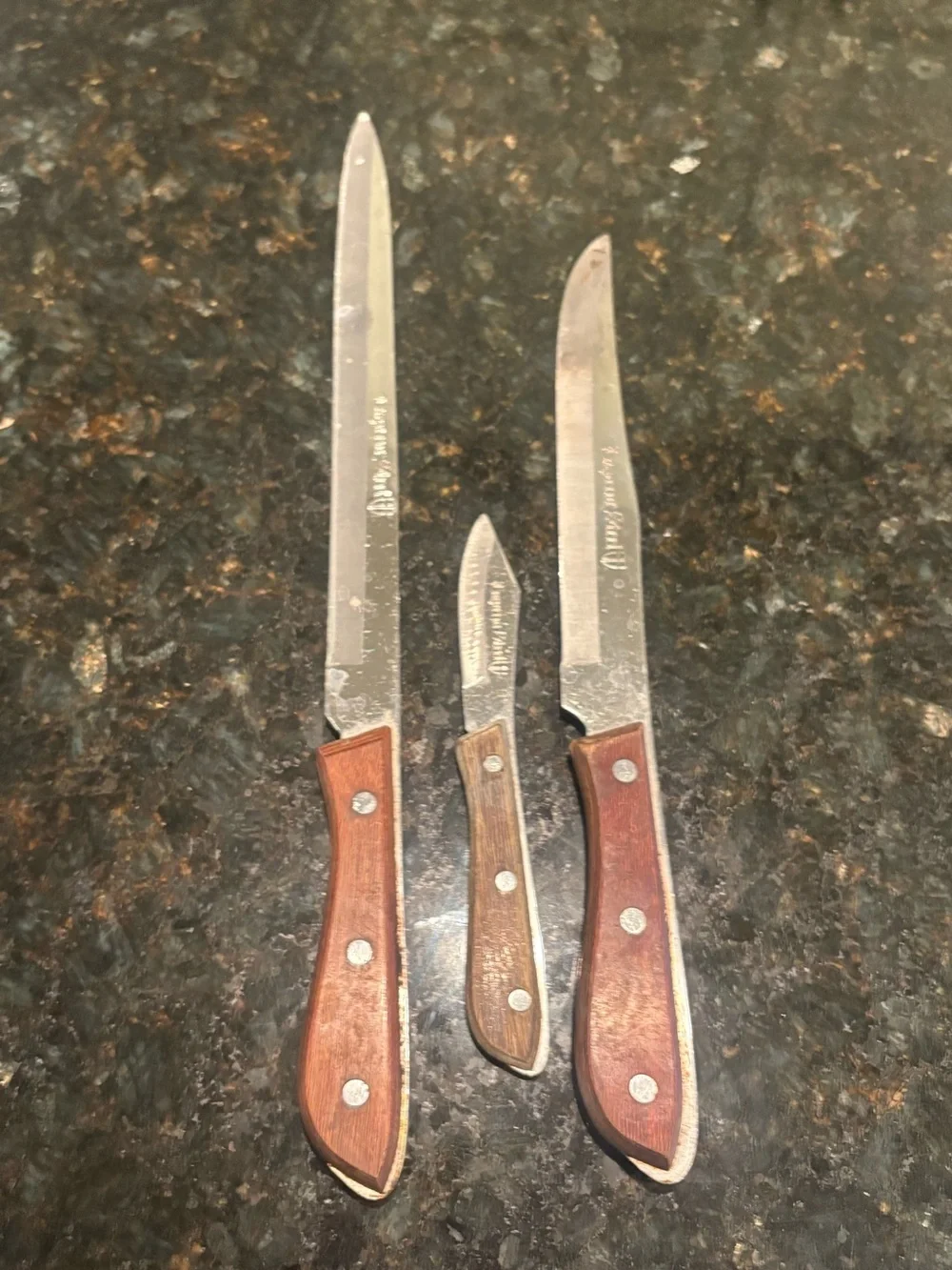 Vintage Emperor Steel 3 Pc Kitchen Knife Set Wood Handles Carving Utility